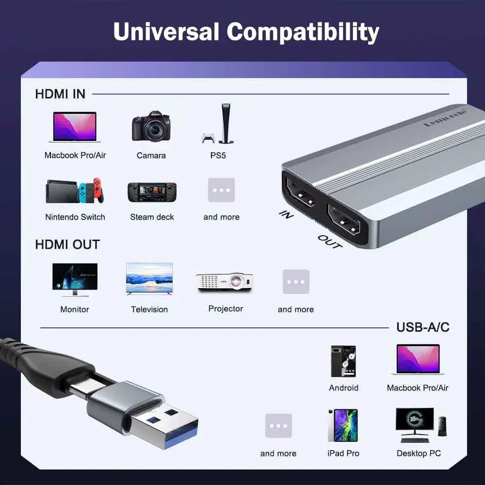 LEMORELE AC06 HD Video Capture Card 4K 30Hz HD Loop Out Gaming Streaming Recording Adapter for Camera Conference - Grey / Silver - 6