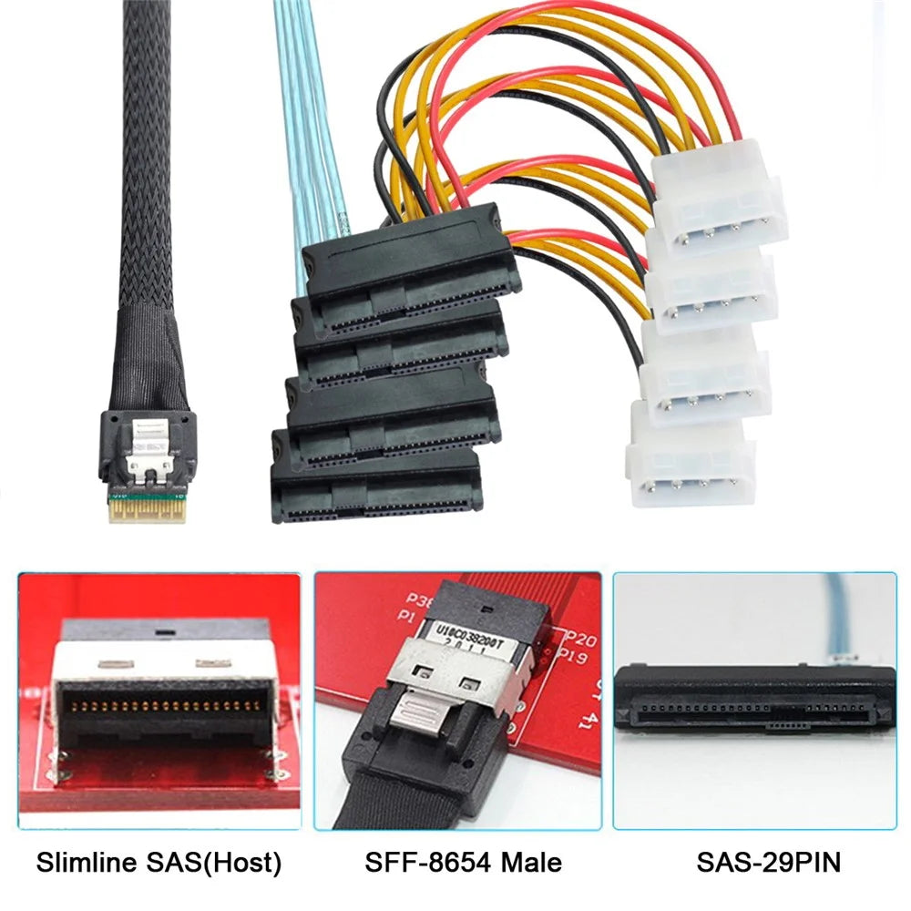 SF-047-1.0M Slimline SAS 4.0 SFF-8654 4i 38Pin Host to 4 SAS 29Pin SFF-8482 Target Hard Disk Fanout Raid Cable 1m - 6