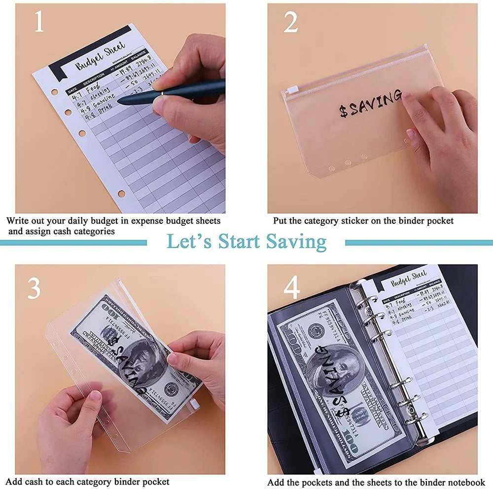A6 Budget Binder PU Leather Budgeting Planner Organizer Book Cover with Zipper Envelopes for Budgeting, Expense Budget Sheets, Sticky Labels - Black - 6