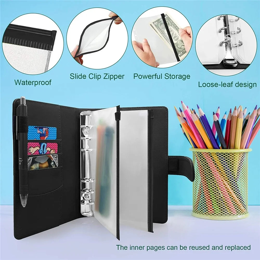 10PCS A6 Size Binder Pockets Black Zipper Binder Pouch Folders for 6-Ring Binder Loose Leaf Bags Waterproof PVC Bill Storage Bags - 5