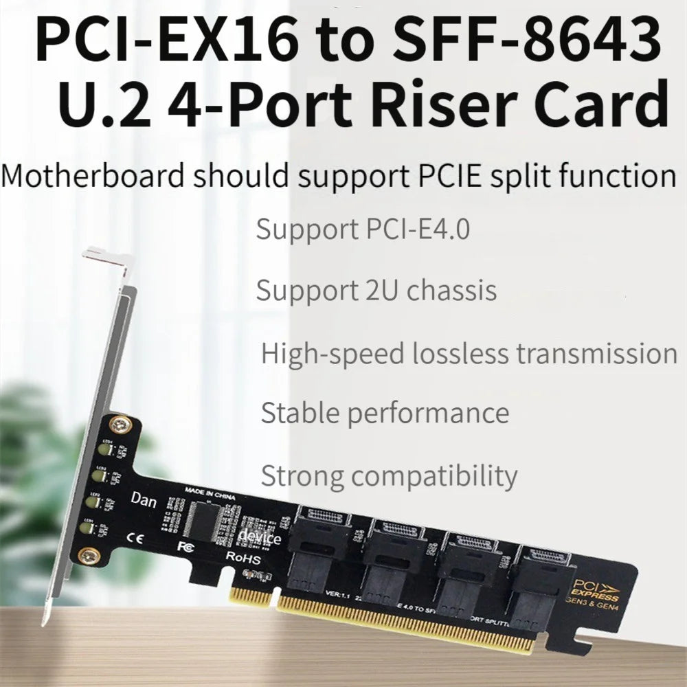 U2 PCIe X16 to 4 Ports U.2 NVME SFF-8643 SFF-8639 Expansion Card PCI Express 4.0 Split Card - 2