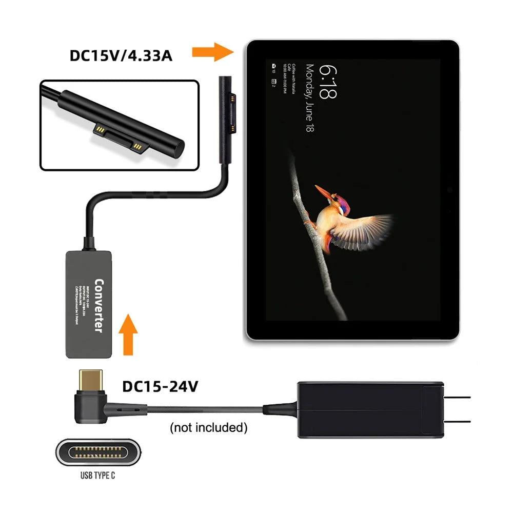 PW-016-TYPECF Type-C USB-C Female 65W DC 15V to Surface Pro 3 / 4 / 5 / 6 / 7 / 8 / 9 Charge Power Converter - 4