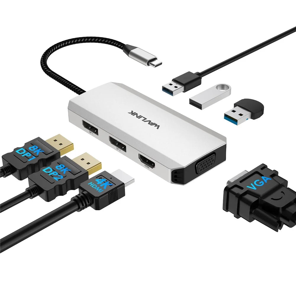 WAVLINK WL-UMD307 Hub Adapter Type-C to HD 4K@60Hz+VGA 1080P@60Hz+3xUSBA2.0+2xDP Docking Station - 4