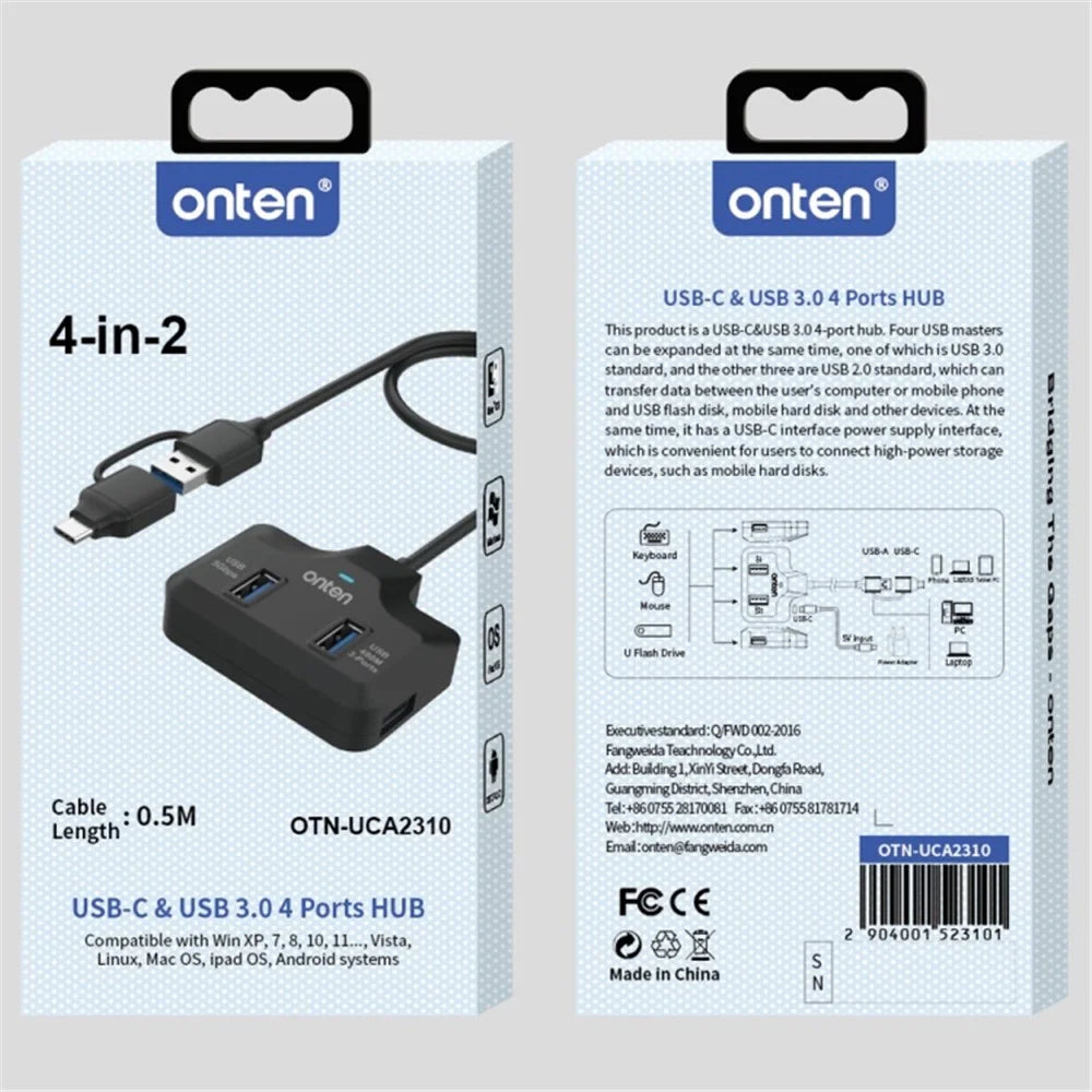 ONTEN OTN-UCA2310 USB3.0+USB2.0 4 Ports Type-C Hub with 0.5m Cable - 7