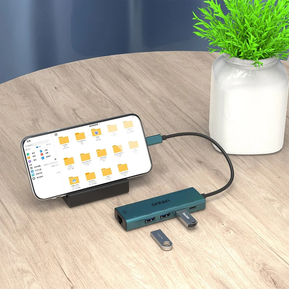 ONTEN UC121 5-in-1 USB Hub Type-C to USB3.0 + 2xUSB2.0 + Type-C Input + RJ45 100Mbps Network Adapter - 5