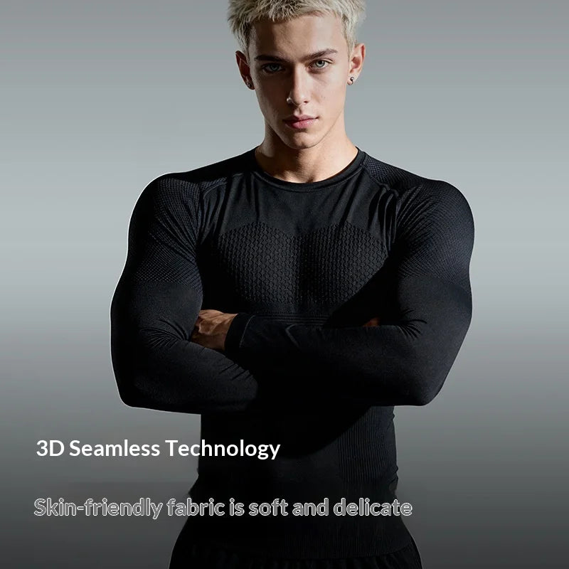 JS07 Men Seamless Athletic Long Sleeve Compression Shirt Moisture Wicking Quick Dry Training Top for Running Cycling - Black/M - 2