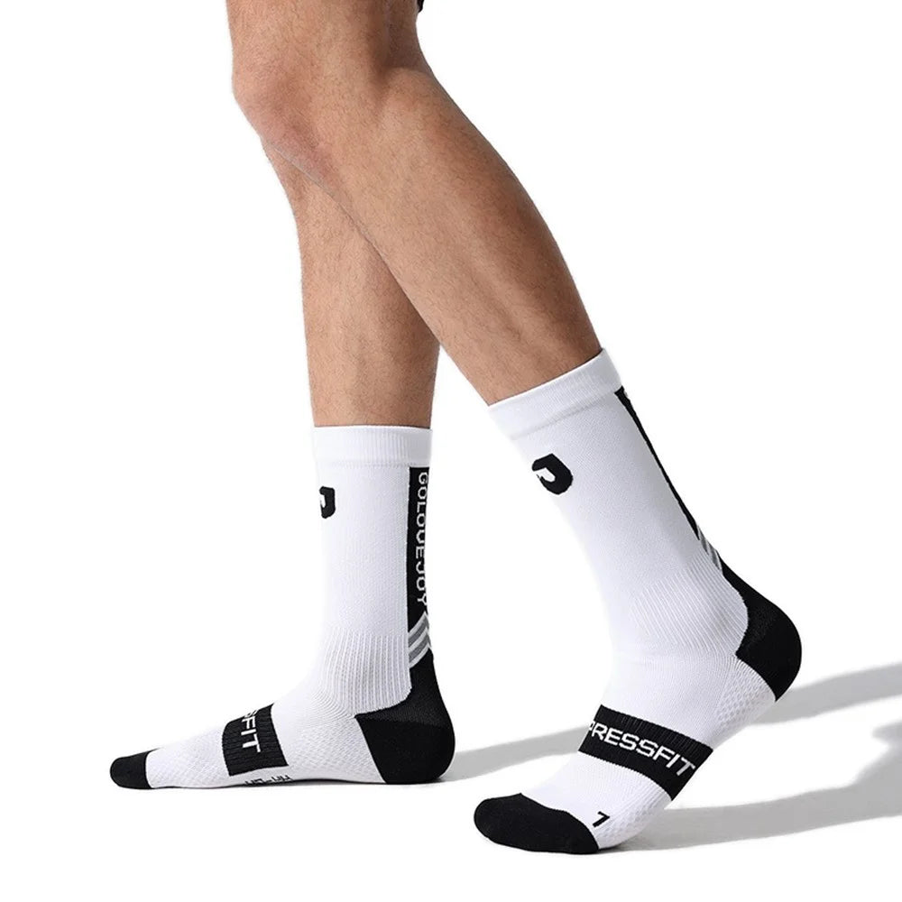 GOLOVEJOY DWZ12 Reflective Middle Tube Socks Outdoor Sports Compression Socks for Running Basketball - White / Size 35-39 - 1