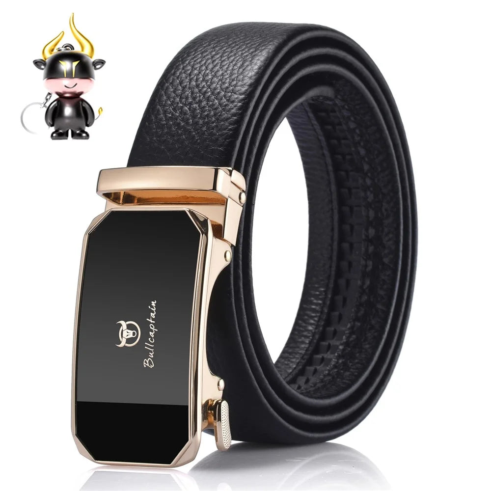 BULLCAPTAIN PD0007 120cm First Layer Cowhide Leather Men Belt Automatic Buckle Waist Belt with Keychain - Gold - 1
