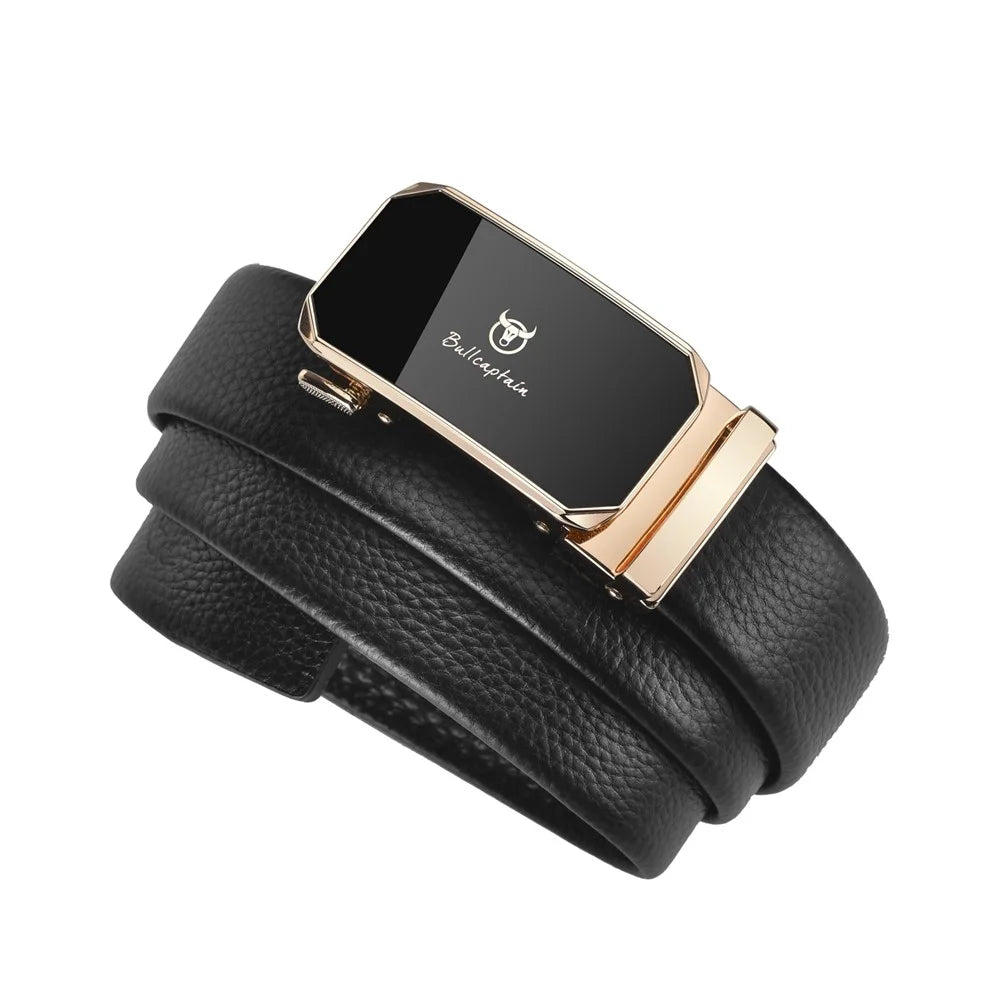BULLCAPTAIN PD0007 125cm First Layer Cowhide Leather Men Belt Automatic Buckle Waist Belt with Keychain - Gold - 3