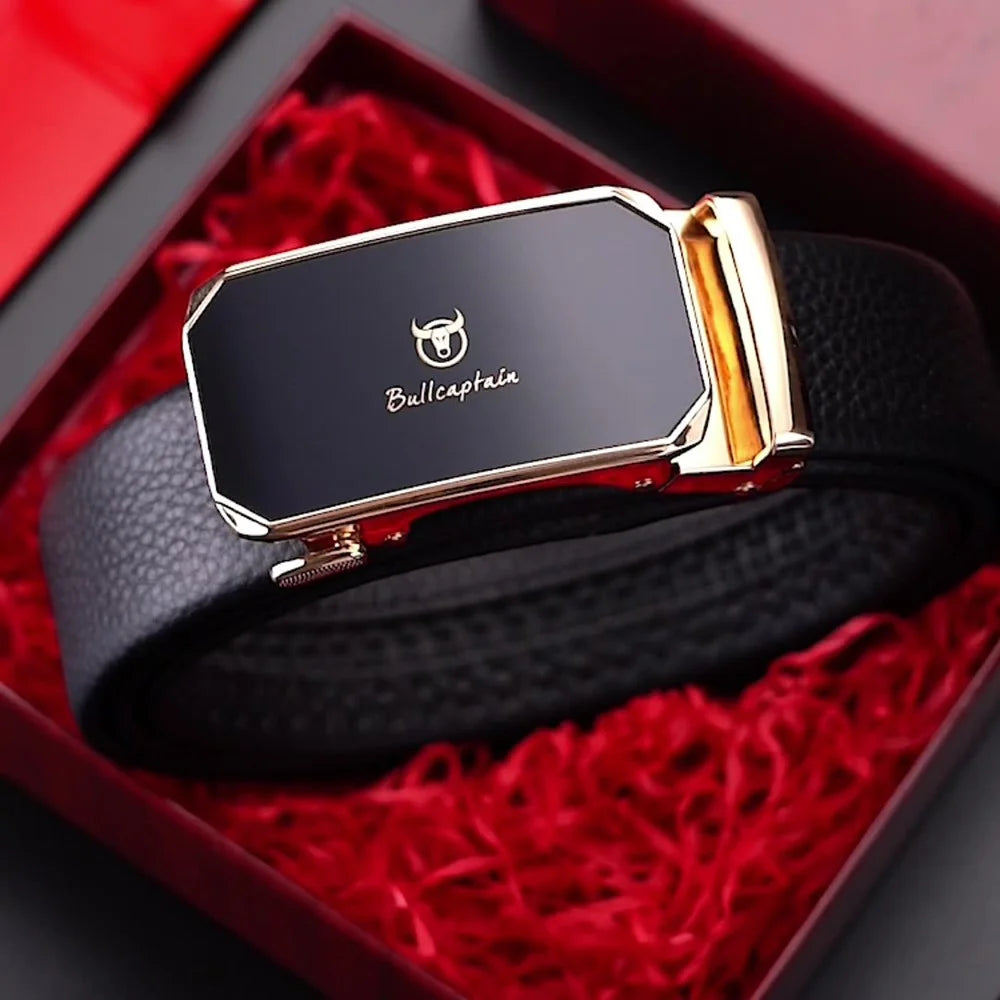 BULLCAPTAIN PD0007 125cm First Layer Cowhide Leather Men Belt Automatic Buckle Waist Belt with Keychain - Gold - 7