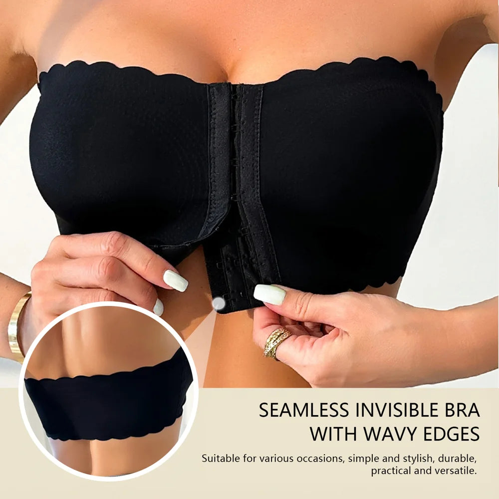 ZERILUNA Sexy Wave Edge Seamless Invisible Bra with Front Closure Push Up Strapless Brassiere - 6