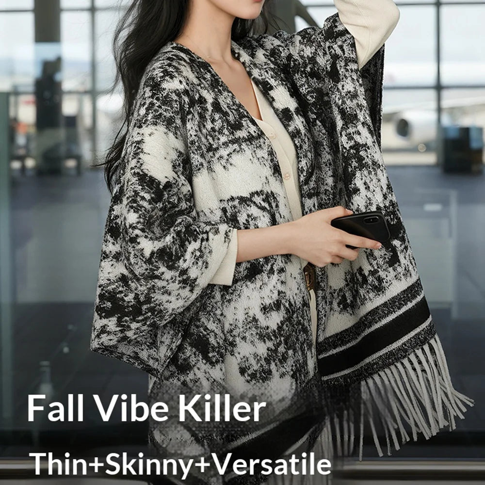 DWJ60 Ethnic Ink Painting Shawl Cape Multi-purpose Women Scarf with Tassels for Autumn Winter - Ink Black - 7