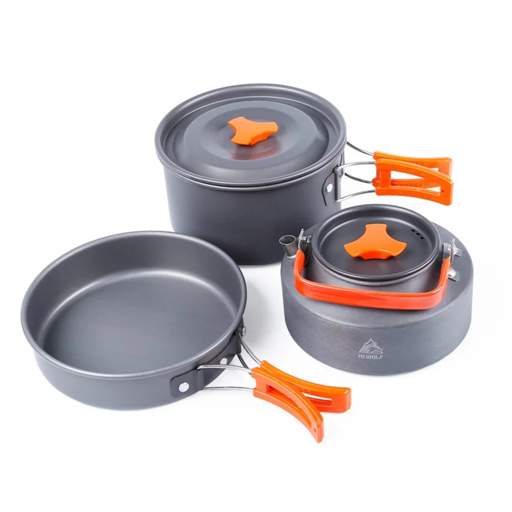 HEWOLF HW-K1692 Portable Handle Pan Temperature Resistant Camping Cookware Set with Water Bottle for 2-3 People - 1