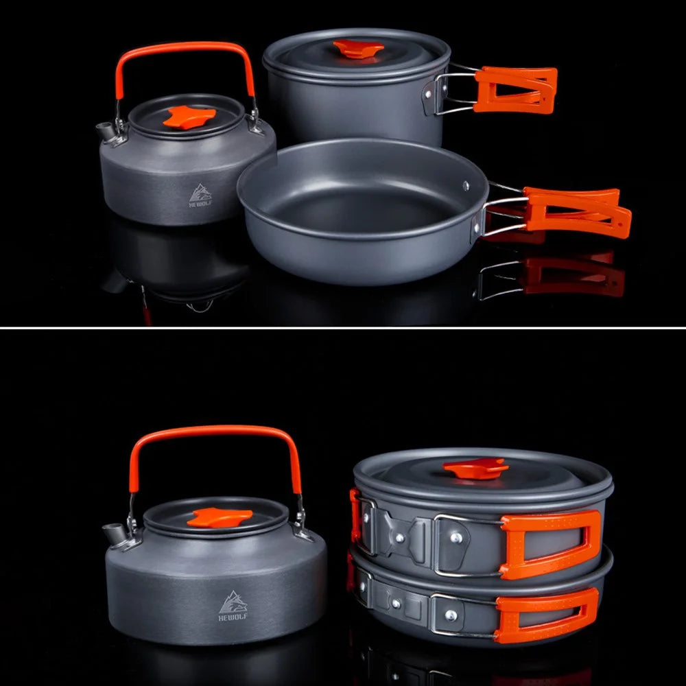 HEWOLF HW-K1692 Portable Handle Pan Temperature Resistant Camping Cookware Set with Water Bottle for 2-3 People - 2