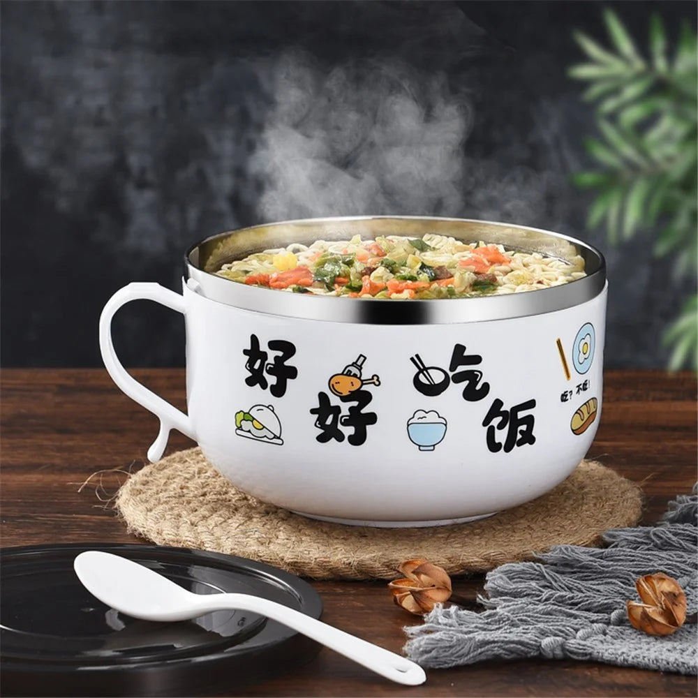 AOTU 900ML Thermal PP+Stainless Steel Bowl with Lid and Handle for Instant Noodle, Soup (BPA-Free, No FDA Certified) - Black - 2