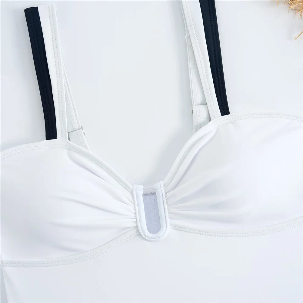 Y1153 Women Two-Tone One-Piece Swimsuit Tummy Control V-Neck Slimming Swimwear, M Size - White - 5