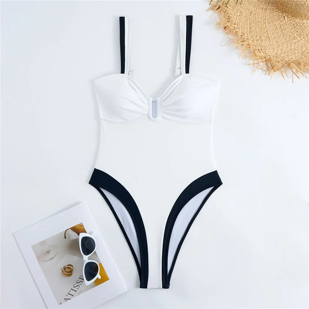 Y1153 Women Two-Tone One-Piece Swimsuit Tummy Control V-Neck Slimming Swimwear, S Size - White - 3