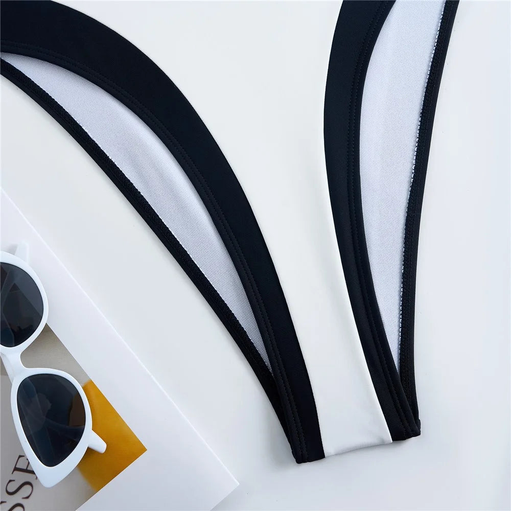 Y1153 Women Two-Tone One-Piece Swimsuit Tummy Control V-Neck Slimming Swimwear, S Size - White - 7
