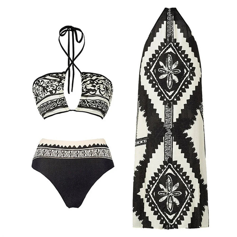 Y357 Retro Print Bikini Swimsuit 3-Piece Swimwear For Women European Style Beach Vacation Swimwear - Black / XL - 1