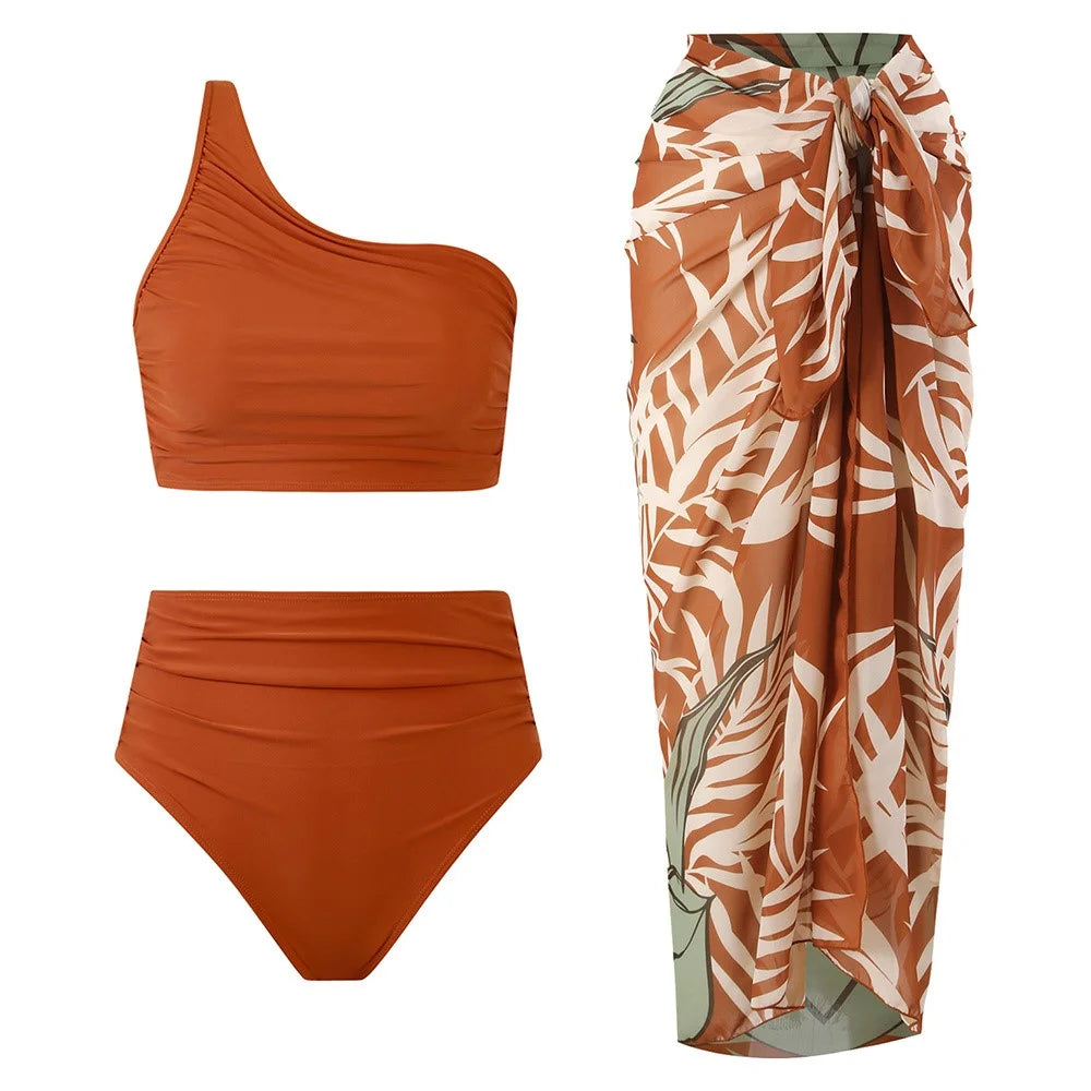 Y1009 Bikini Swimsuit High Waist 3-Piece Bathing Suit for Women Solid Color Swimwear Set Beach Wear - Brown / S - 1