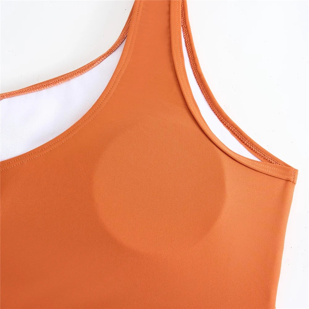 Y1009 Bikini Swimsuit High Waist 3-Piece Bathing Suit for Women Solid Color Swimwear Set Beach Wear - Brown / S - 6