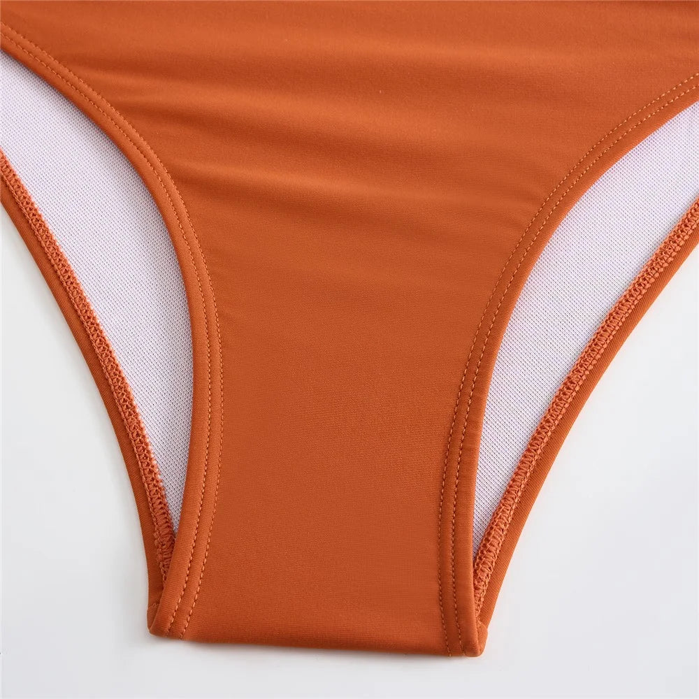 Y1009 Bikini Swimsuit High Waist 3-Piece Bathing Suit for Women Solid Color Swimwear Set Beach Wear - Brown / S - 7
