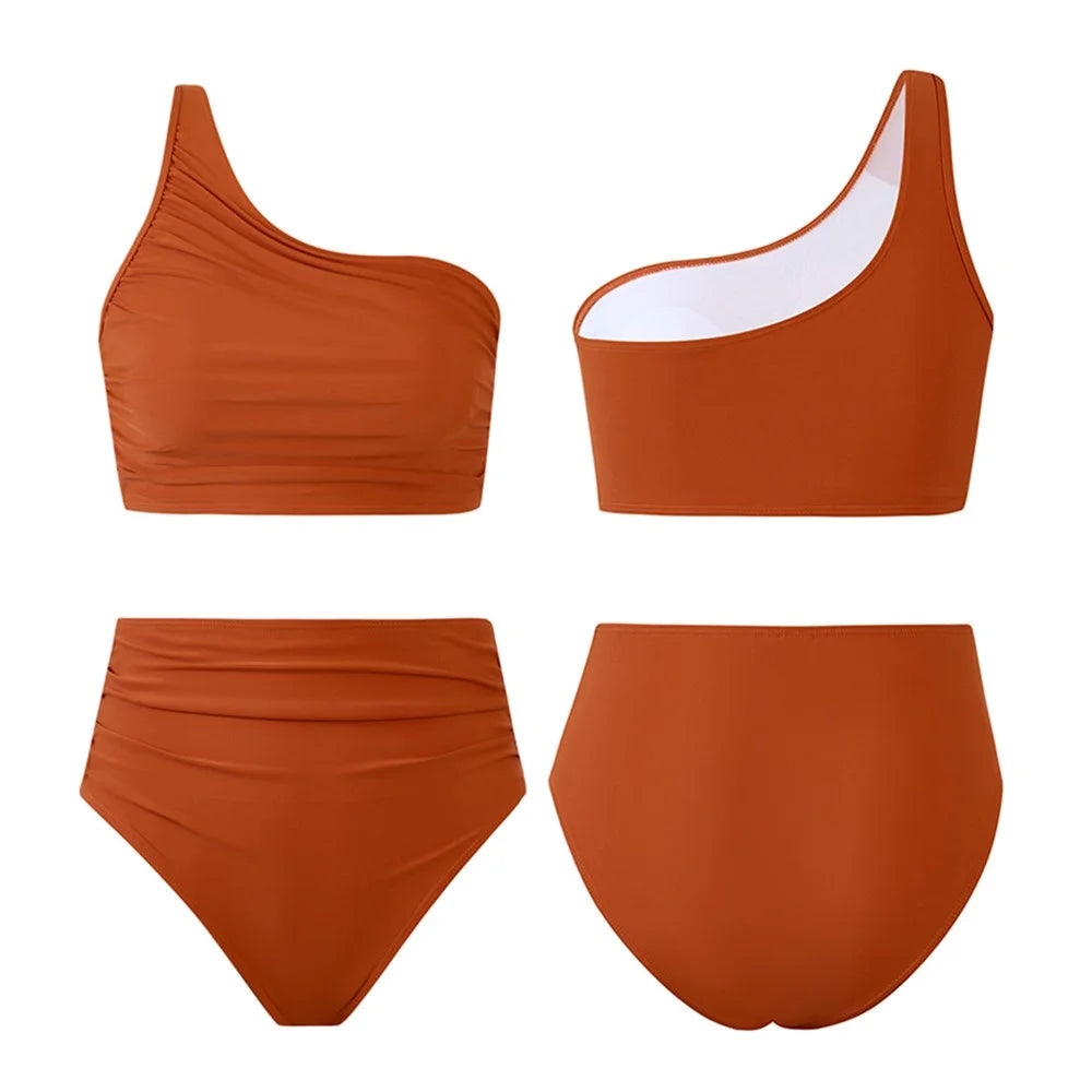 Y1009 Bikini Swimsuit High Waist 3-Piece Bathing Suit for Women Solid Color Swimwear Set Beach Wear - Brown / S - 2