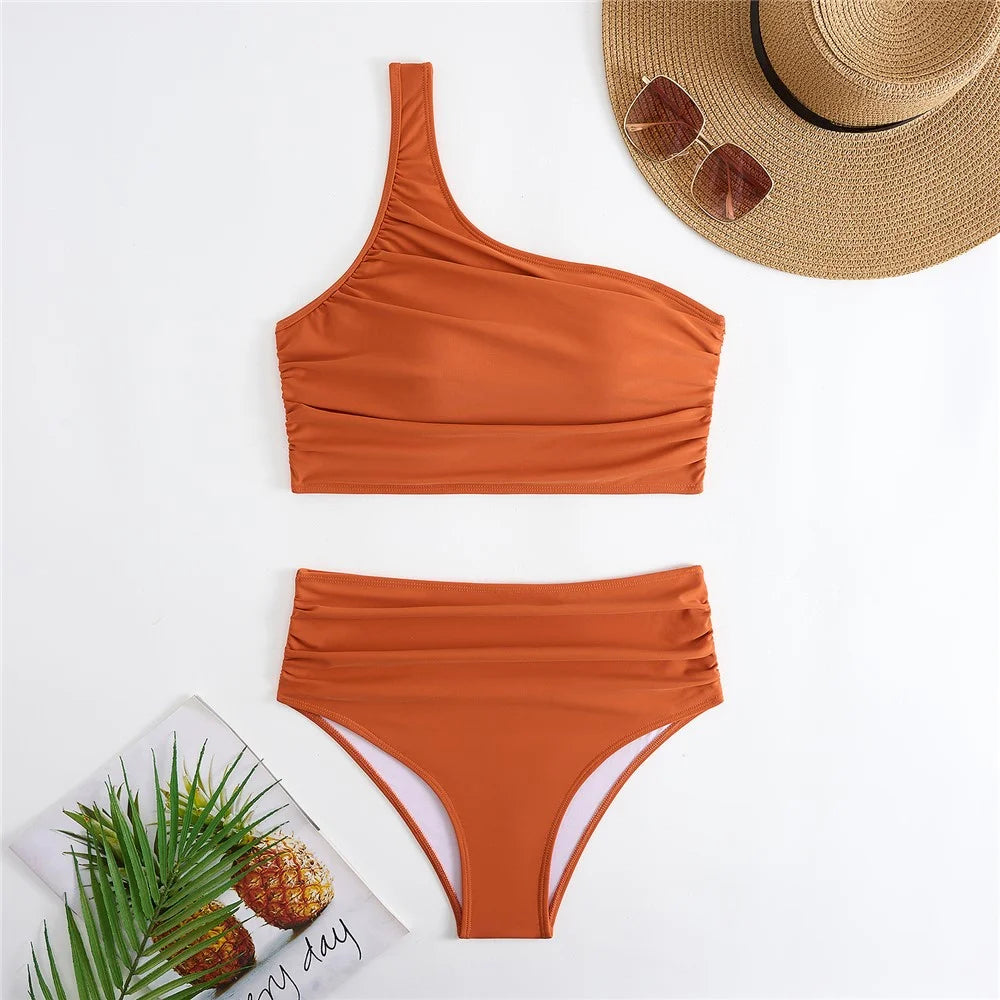 Y1009 Bikini Swimsuit High Waist 3-Piece Bathing Suit for Women Solid Color Swimwear Set Beach Wear - Brown / S - 3
