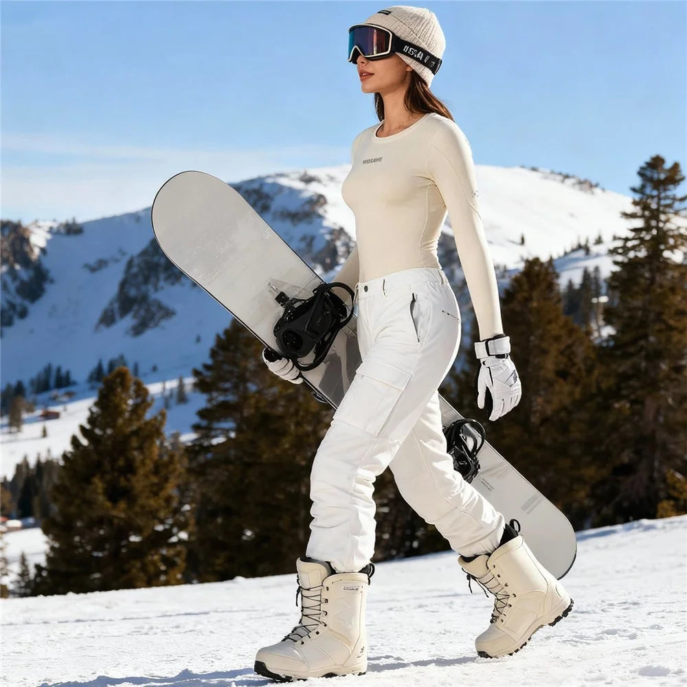 WOSAWE BD190 For Women Winter Ski Fleece Base Layer Pants High Elastic Tight Fleece-Lined Cold-Resistant Ski Leggings - Creamy Yellow, Asian M / EU S - 3