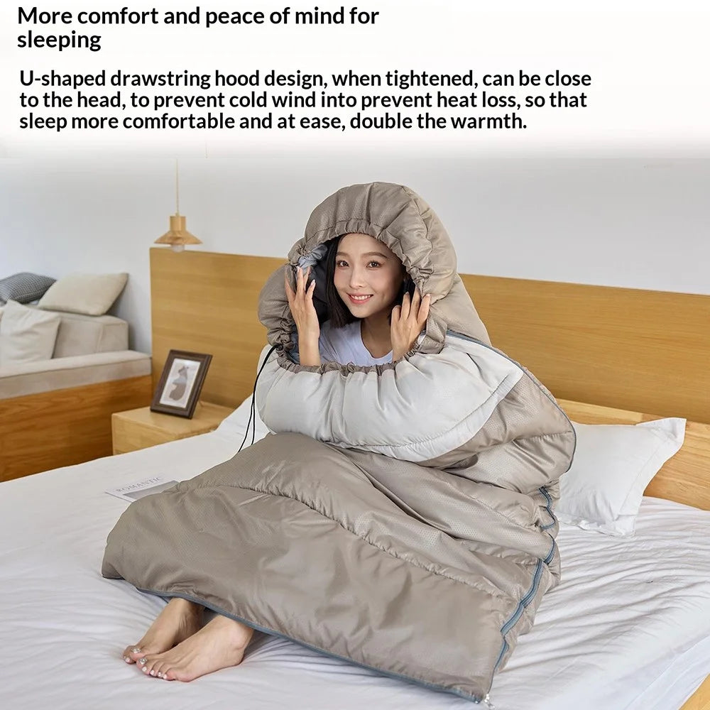 2.5kg 100cm Extra Wide Adult Sleeping Bag Winter Thick Warm 0℃ Outdoor Camping Envelope Hooded Sleeping Bag - Khaki - 6
