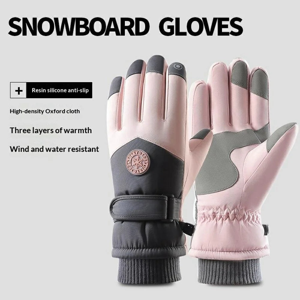 1 Pair Winter Ski Gloves Waterproof Windproof Warm Thick Anti-slip Touchscreen Mittens for Men Women - Women / Dark Grey + Pink - 2