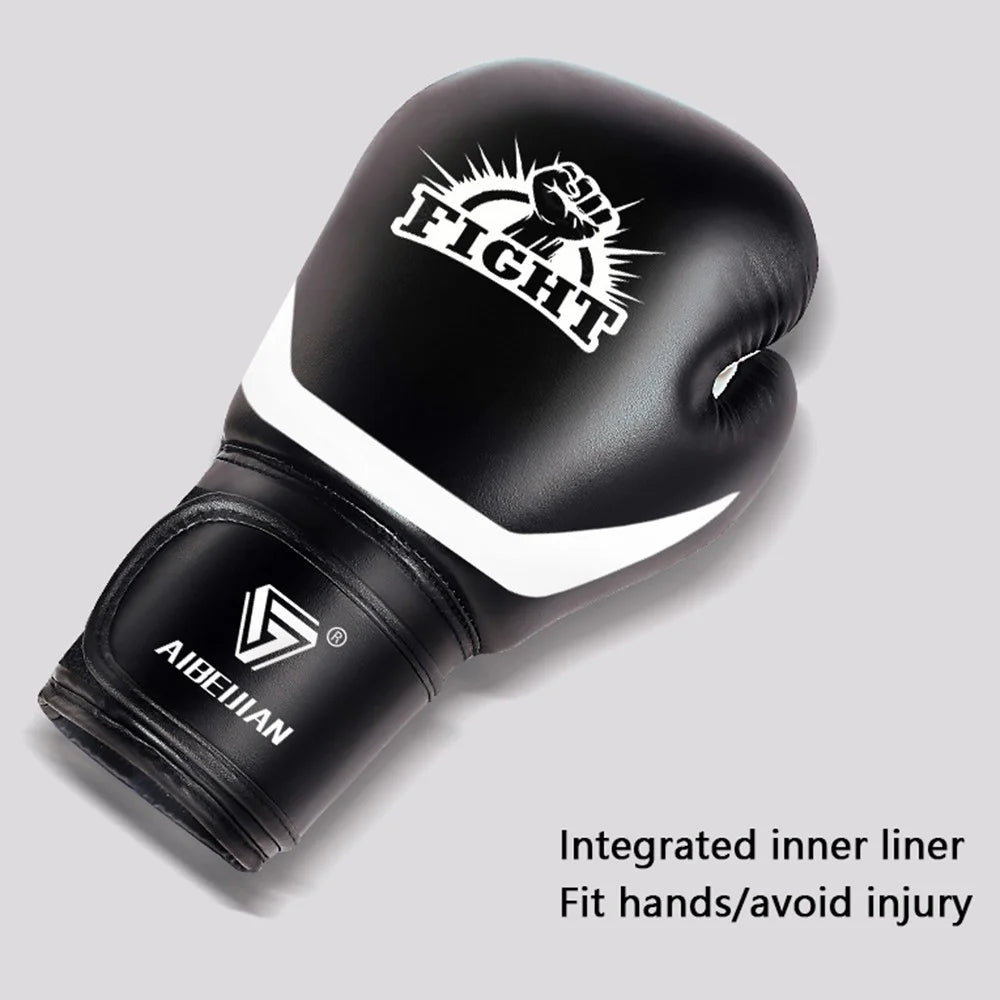 AIBEIJIAN 10oz For Teenager Sports Boxing Gloves Muay Thai MMA Training Workout Kickboxing PU Mitts - Black - 6