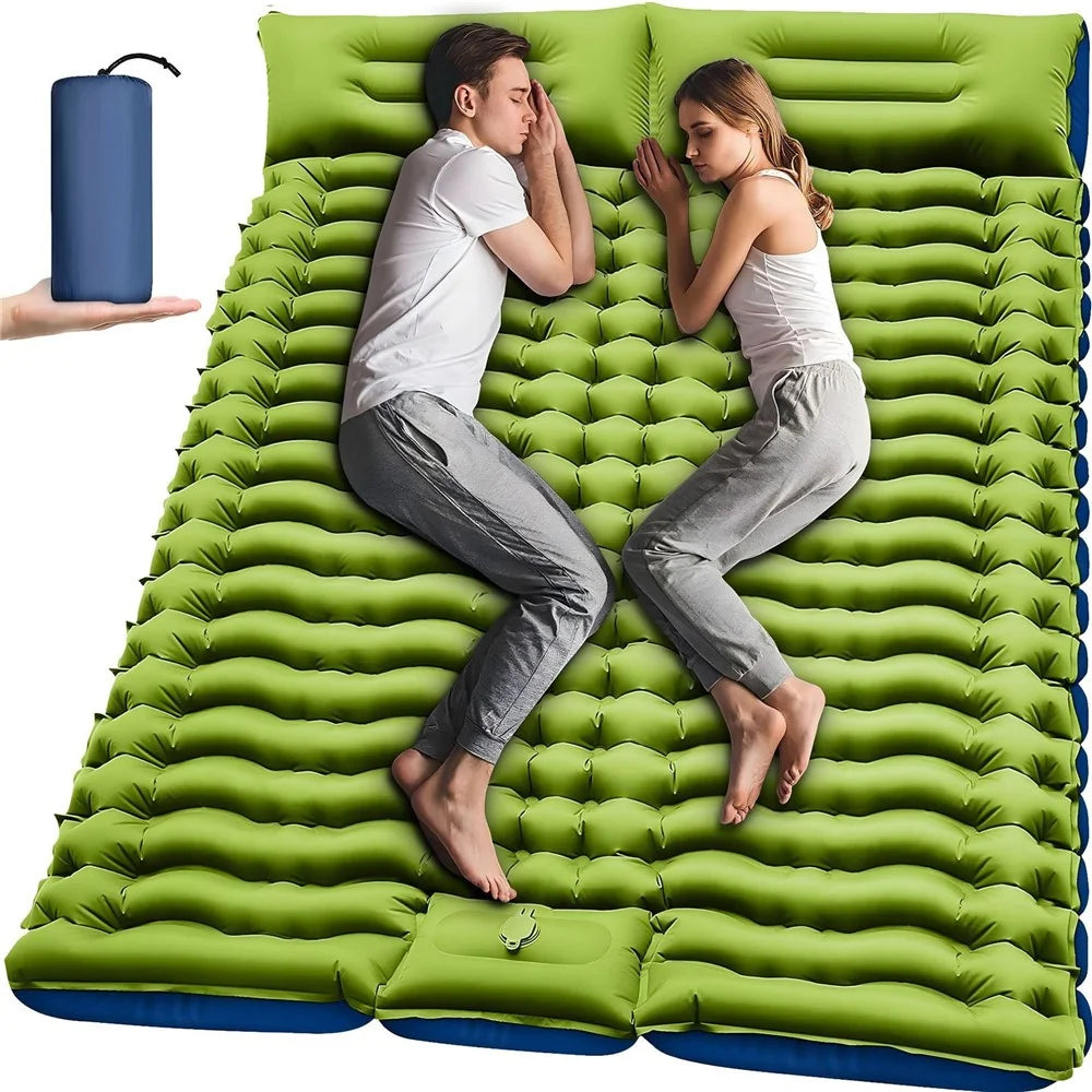 Outdoor Inflatable Sleeping Pad Double Size 240 x 145cm Camping Air Mattress With Built-in Pump - Green / Blue - 1