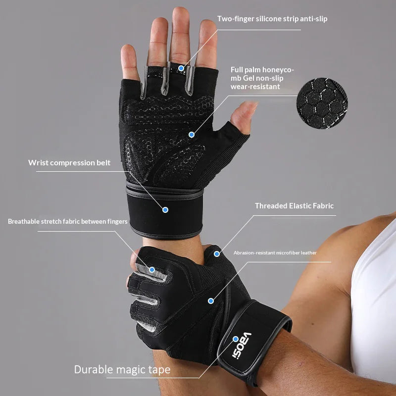 VBOSI 6104V Fitness Gloves Half Finger Workout Training Gloves with Compression Wrist Strap for Weightlifting Gym - Black/M - 5