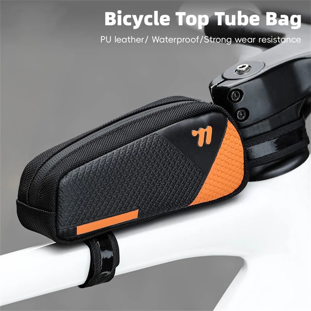 WEST BIKING YP0707414 3D Embossing PU Leather Bicycle Top Tube Bag Waterproof Bike Frame Bag - Black / Orange - 2