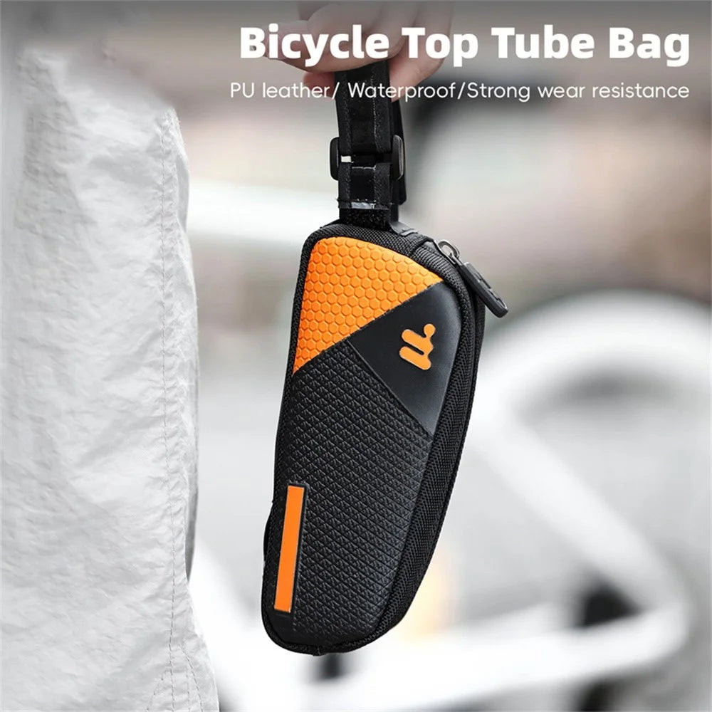 WEST BIKING YP0707414 3D Embossing PU Leather Bicycle Top Tube Bag Waterproof Bike Frame Bag - Black / Orange - 3