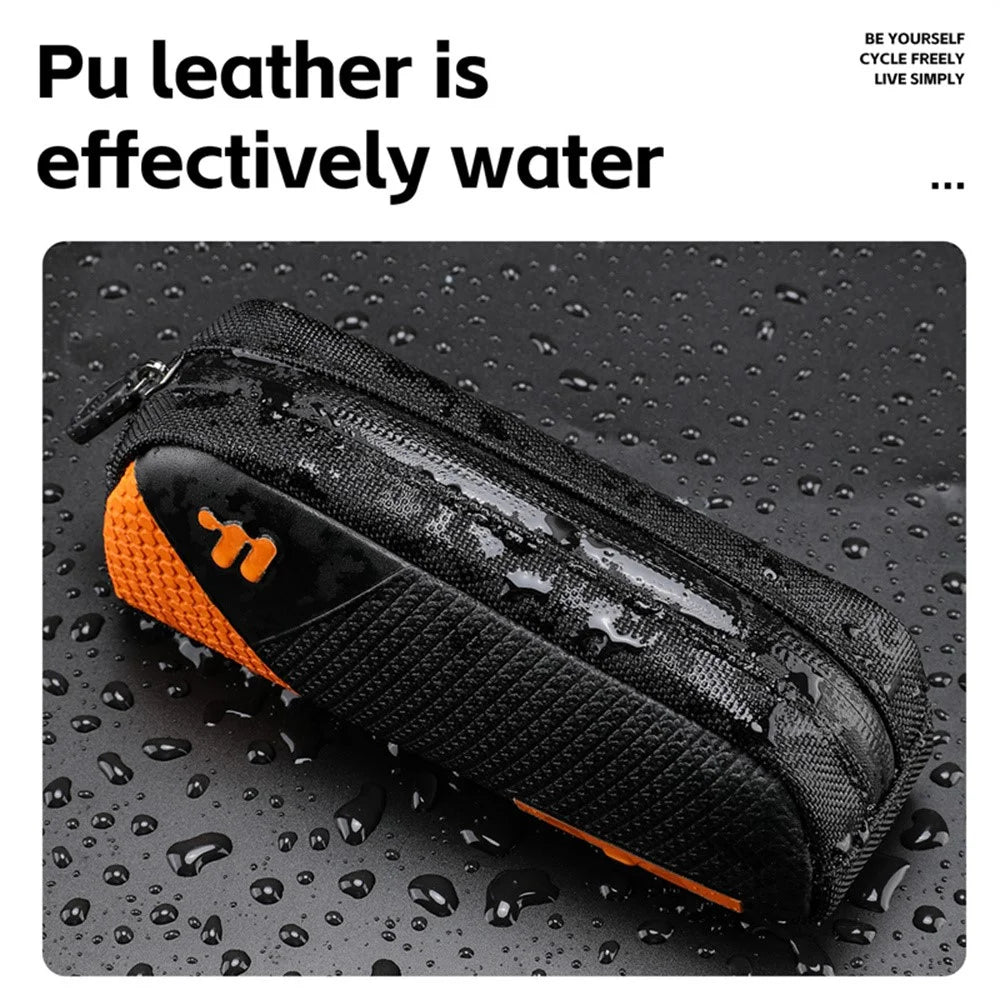 WEST BIKING YP0707414 3D Embossing PU Leather Bicycle Top Tube Bag Waterproof Bike Frame Bag - Black / Orange - 5