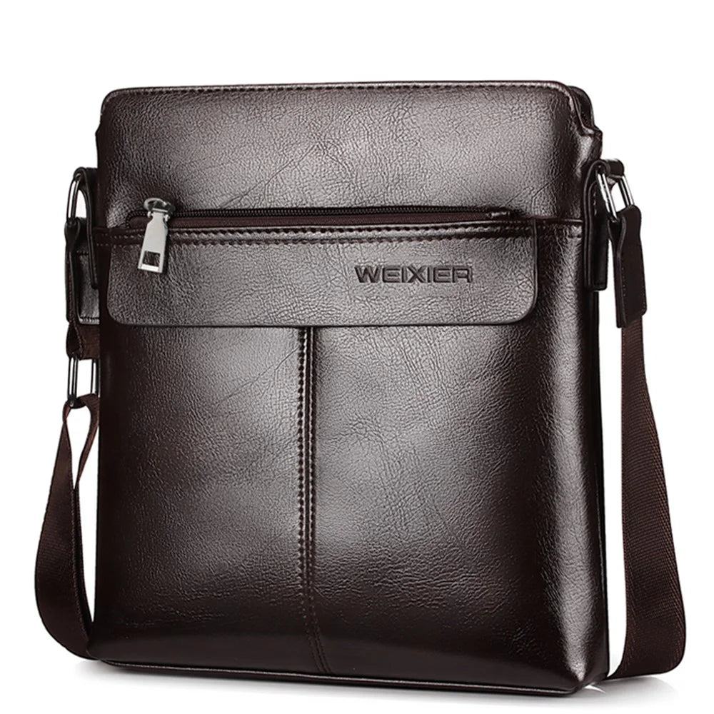 WEIXIER 18071 Business Men's Messenger Bag PU Leather Zipper Tablet Shoulder Bag - Dark Brown - 1