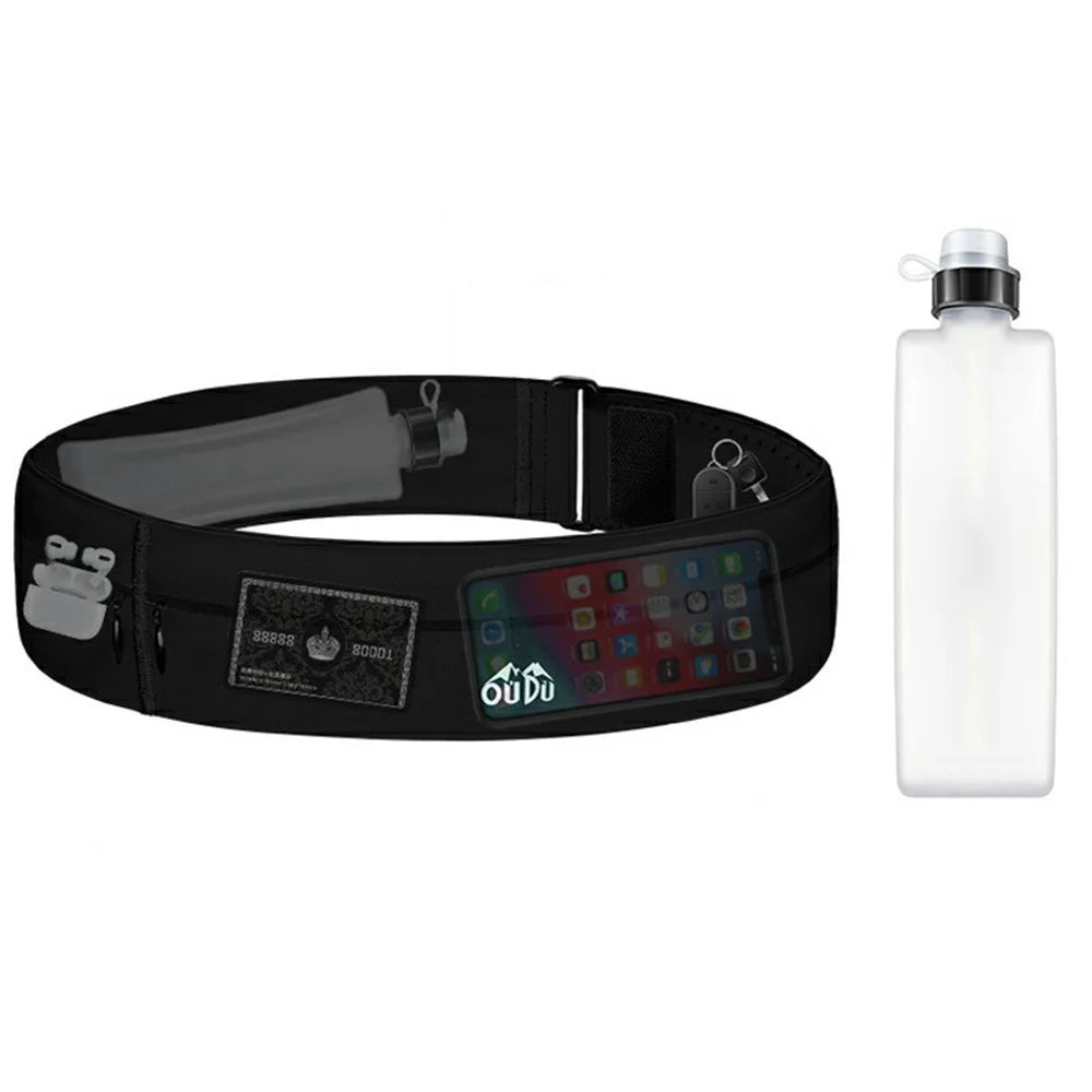 OUDO Thin Invisible Waist Belt Running Fanny Pack with 330ml Water Bottle - for Waist 60cm - 85cm / Black (BPA-Free, No FDA) - 1