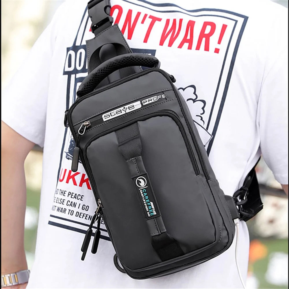 HAOSHUAI 1100-1# Large Men's Waist Pack Nylon Chest Bag Shoulders Backpack Sling Bag with External USB Charging Port - Grey - 3