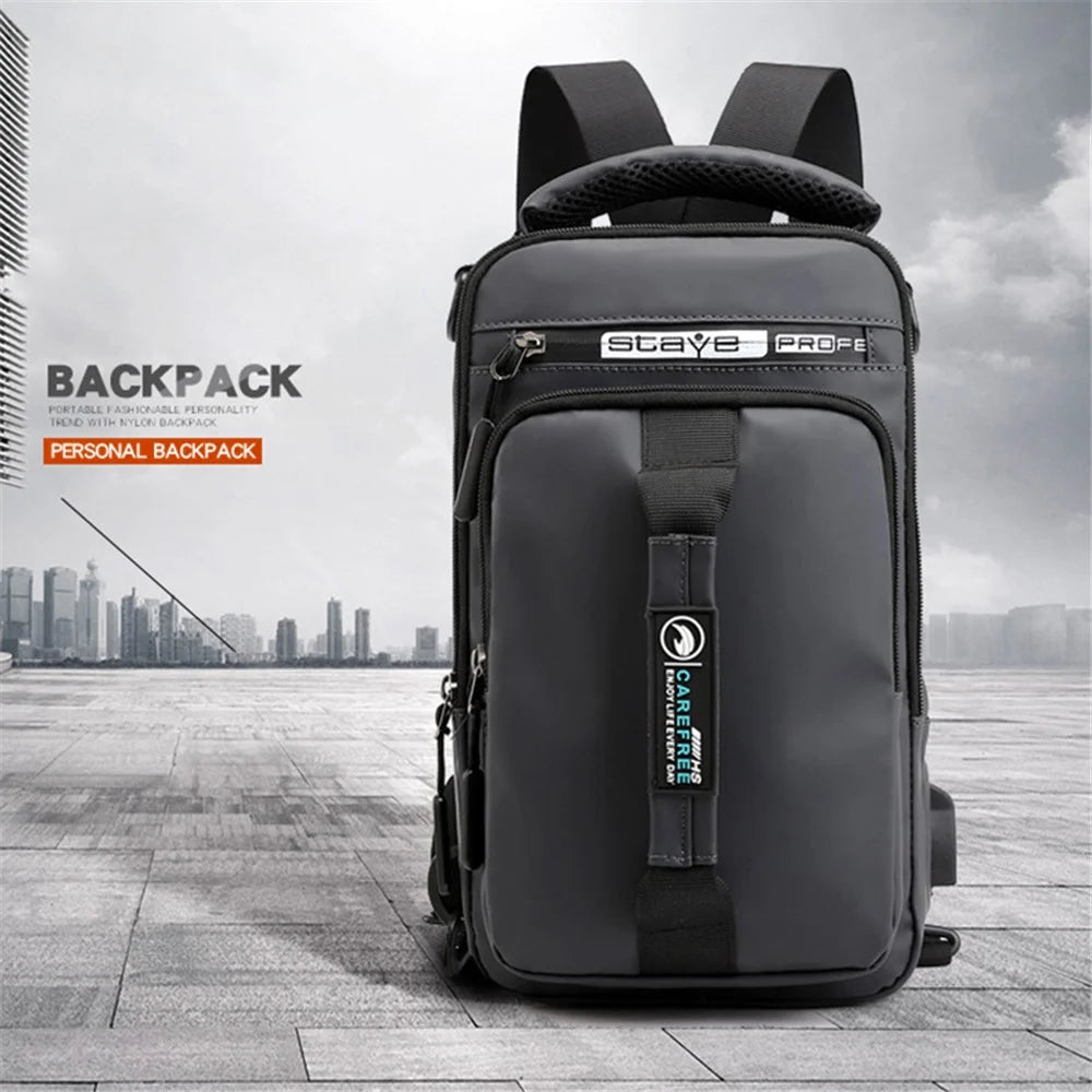 HAOSHUAI 1100-1# Large Men's Waist Pack Nylon Chest Bag Shoulders Backpack Sling Bag with External USB Charging Port - Grey - 4