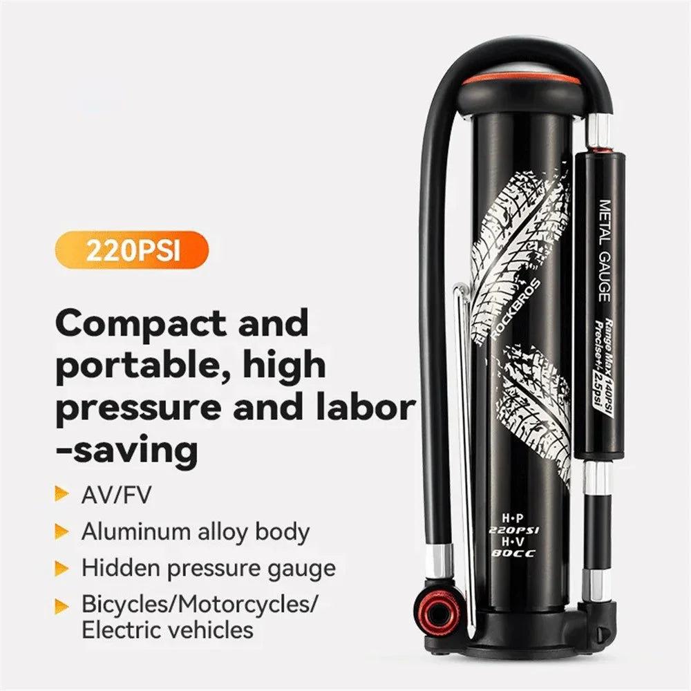 ROCKBROS QT-LD1 Bicycle Pump 220PSI Mini Hand Air Pump Tire Inflator with Hidden Pressure Gauge - 2