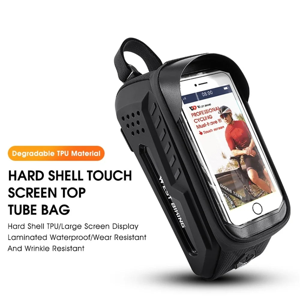 WEST BIKING YP0707293 2L MTB Road Bicycle Top Tube Hard Shell Storage Bag Bike Front Beam Touch Screen Phone Holder Bag - Black - 2