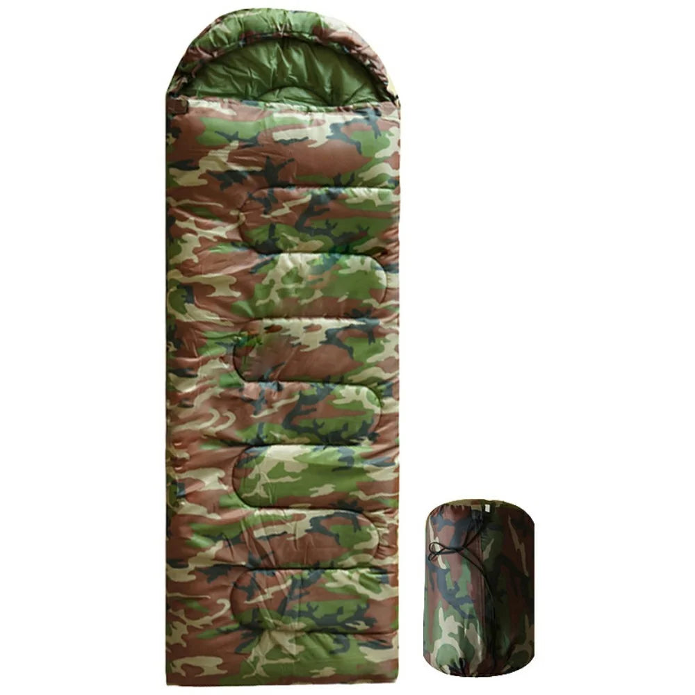 Envelope Sleeping Bag Outdoor Camping Hooded Adult Hollow Cotton Warm Sleep Bag, 0.7KG / 10-30 Degrees Celsius - Jungle Camouflage - 1