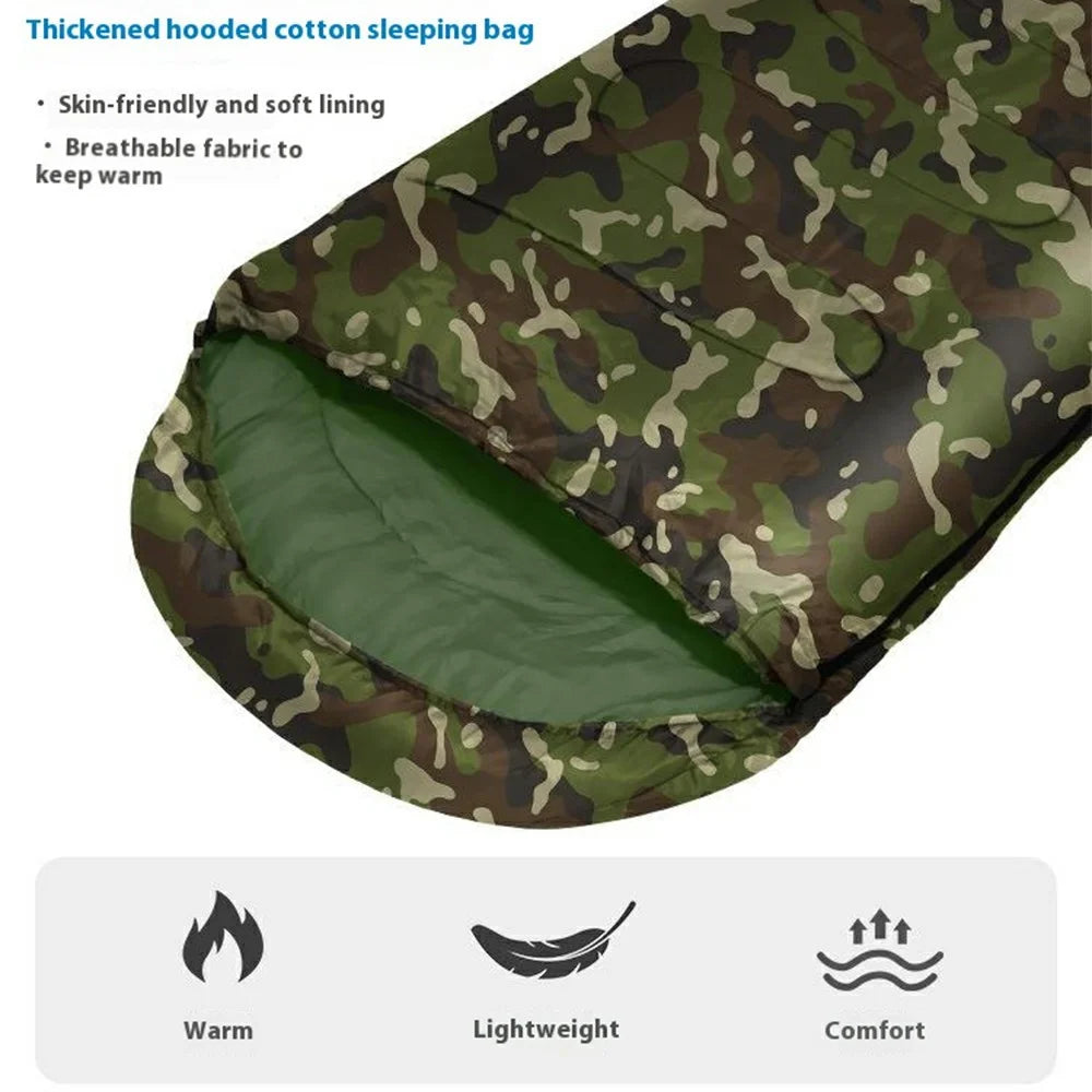 Envelope Sleeping Bag Outdoor Camping Hooded Adult Hollow Cotton Warm Sleep Bag, 0.95KG / 5-25 Degrees Celsius - Jungle Camouflage - 2