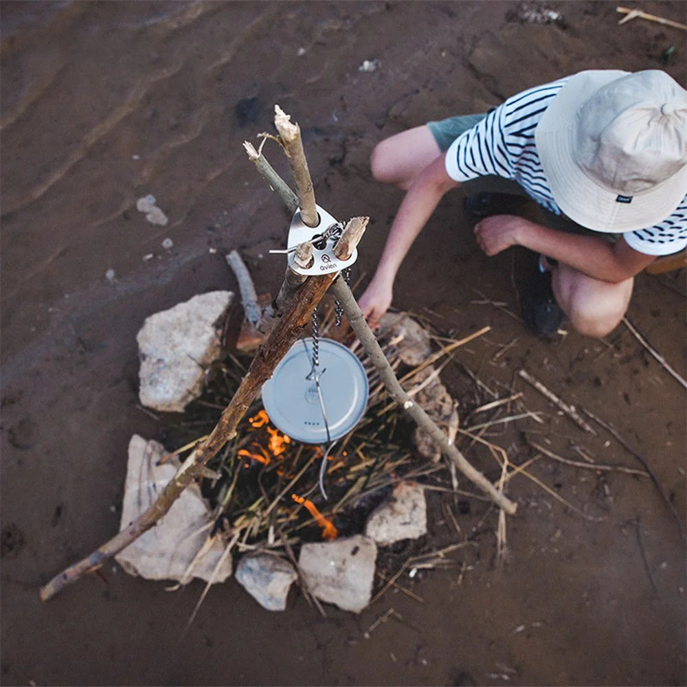 QVIEN QV-V01 Camping Tripod Board Stainless Steel Campire Support Plate with Hook Chain Turn Branches into Campfire Tripod - 6