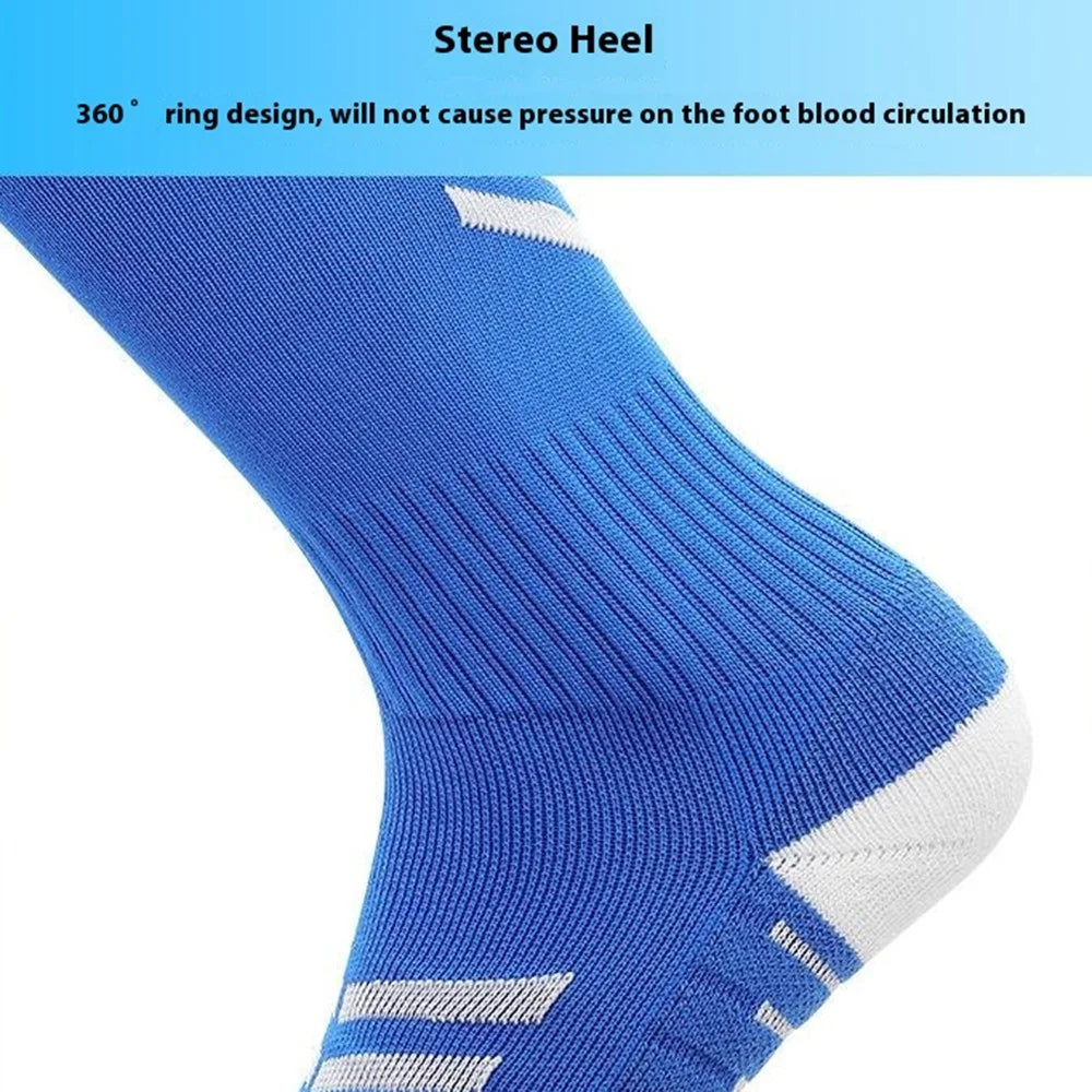 PORFIN 1 Pair Summer Long Soccer Socks Men Quick Dry Anti Slip High Tube Terry Cloth Bottom Socks, Size M - Dark Blue+White - 5