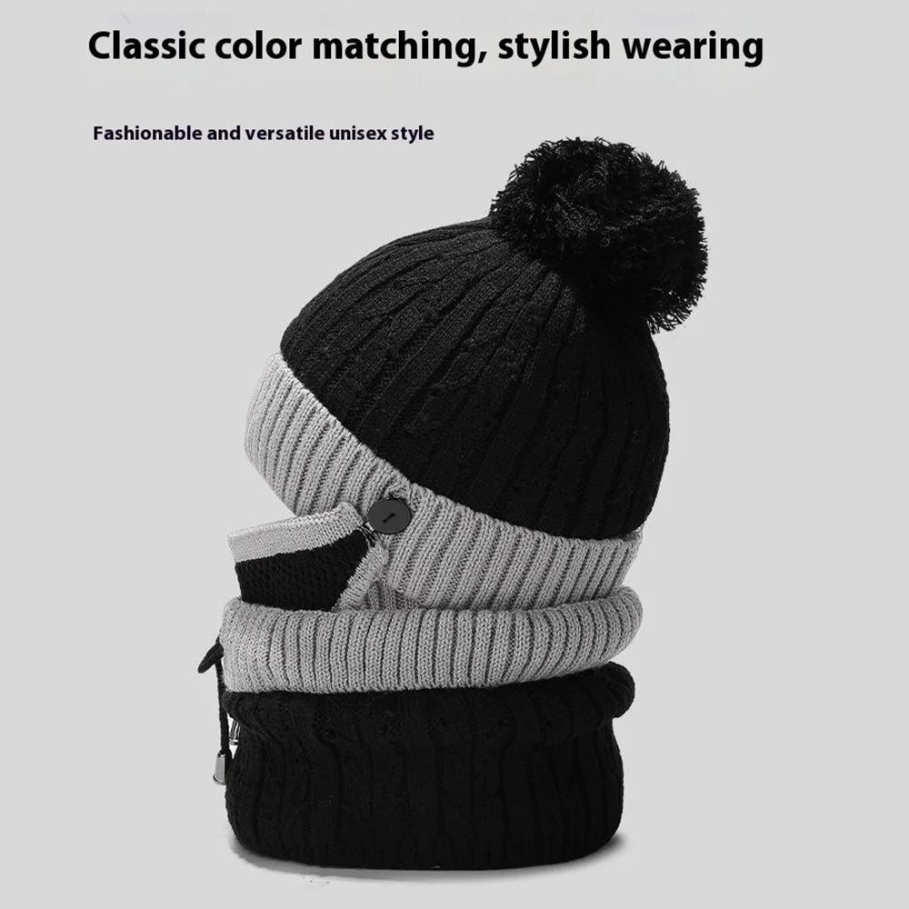 2025D14 Winter Windproof Knit Beanie Hat Face Mask Neck Warmer 3-Piece Set - Black+Grey - 3