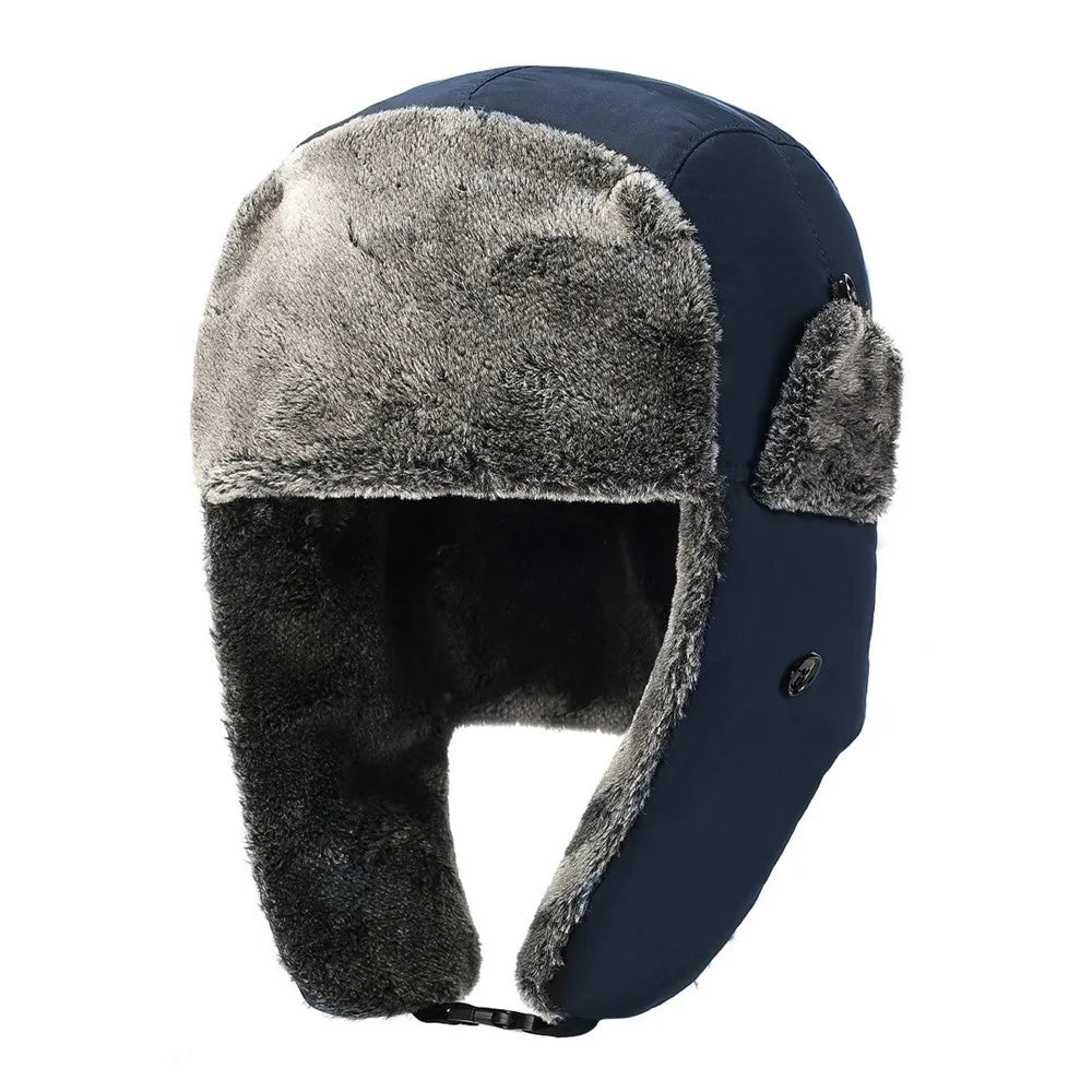Winter Trapper Hat Fleece Lined Thick Warm Cycling Ear Protection Cap Outdoor Windproof Ski Aviator Hat - Navy Blue - 1