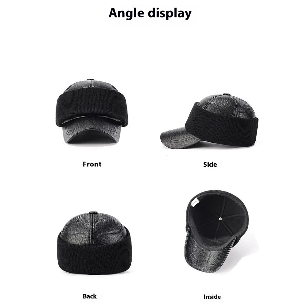 PU Leather Outdoor Warm Hat for Men Autumn Winter Baseball Cap with Ear Flaps - Black - 4